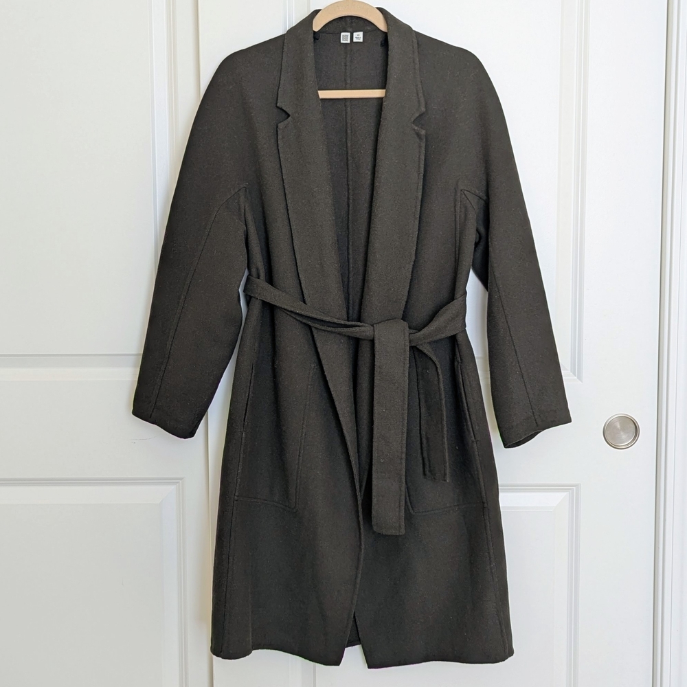 Uniqlo U Wool Wrap Coat Double Face Women XS Green Long Belted Minimalist